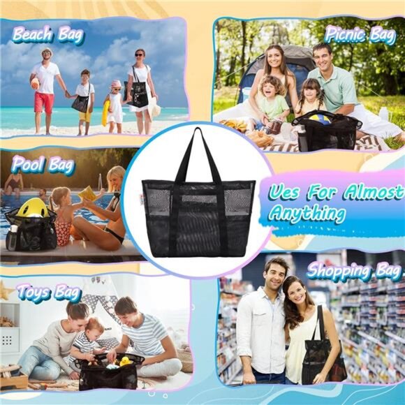 Mesh Beach Bag with Zipper Large Beach Tote Waterproof Sandproof with 8 Pockets - Picture 6 of 7